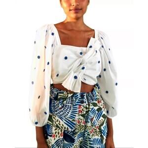 FARM RIO White Floral Embroidered Crop Top Blouse Cotton Puff Sleeve Medium EUC